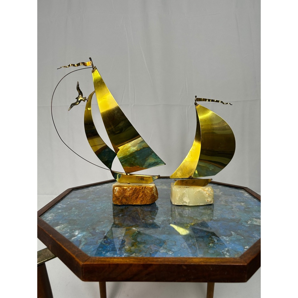 Vintage DeMott Brass Sailboat Sculptures on Stone Base Set of 2 MCM Nautical